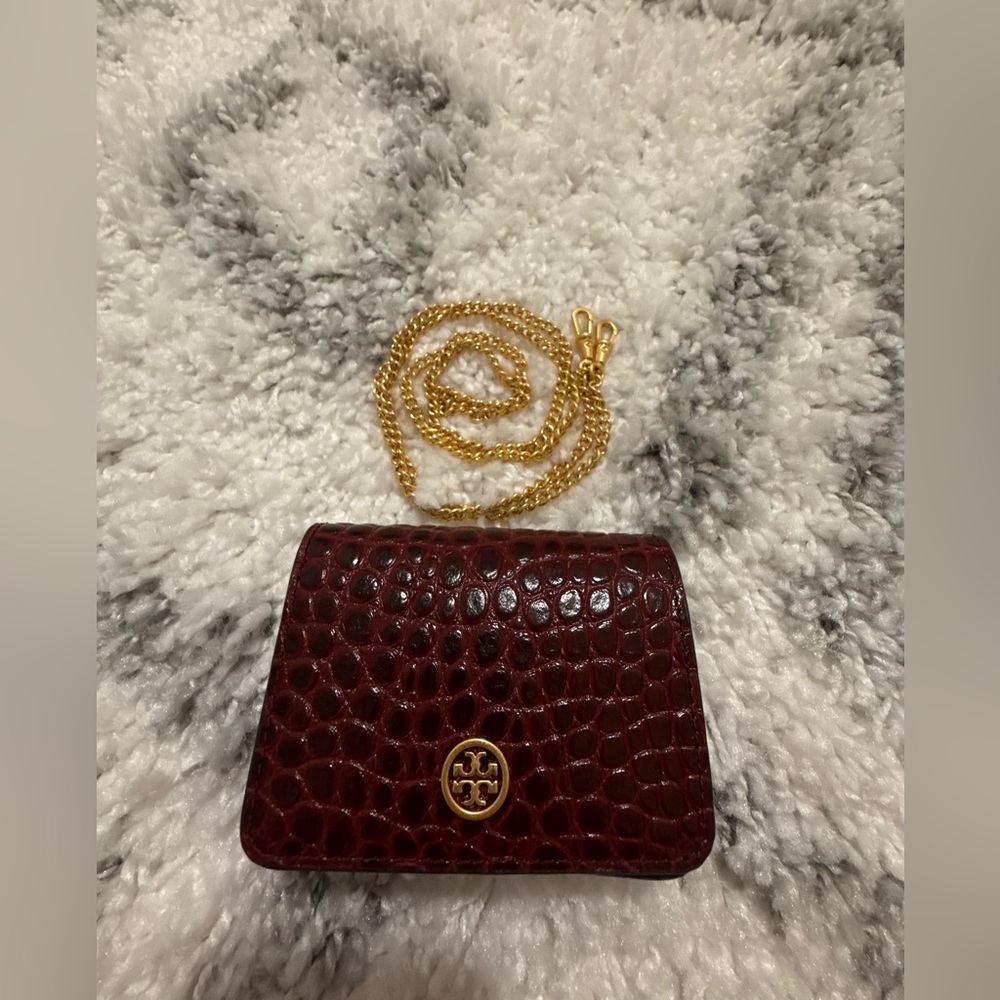 Tory Burch Burgundy Croc-Embossed Chain Mini Crossbody Bag